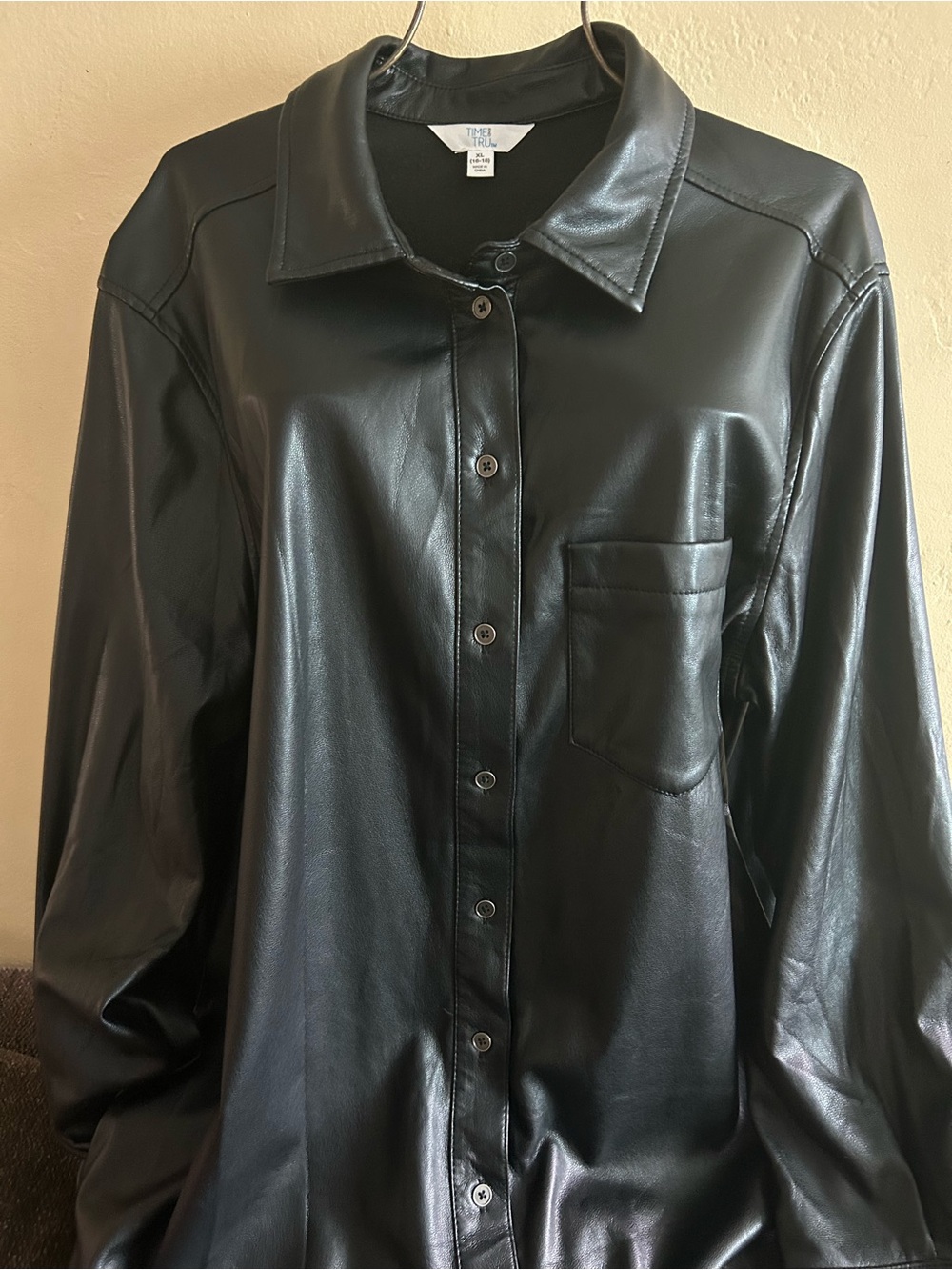 Time and Tru Black Faux Leather Button-Down Shirt Jacket